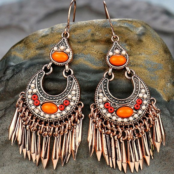 Fringed Beaded Earrings SMALL COPPER COLOR BEADED INDIA BOHO DANGLE Y2K PARTY - Picture 1 of 2